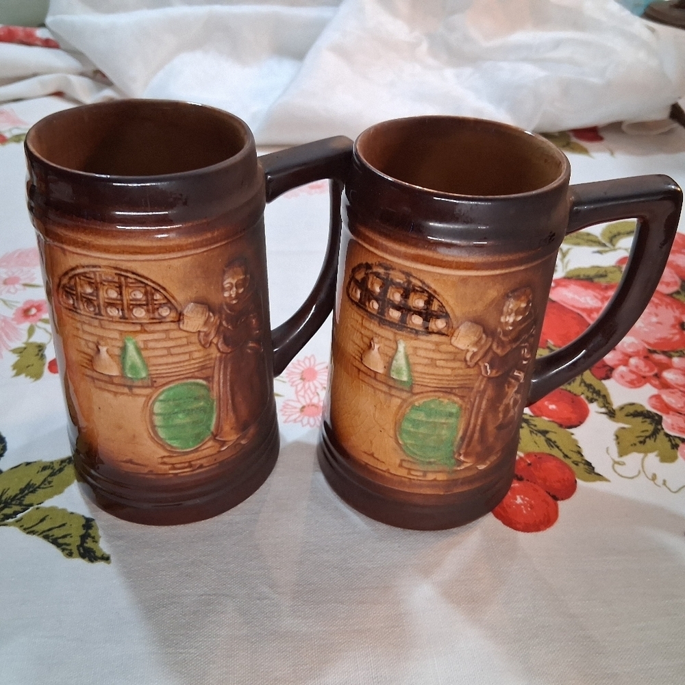 Vintage Moriyama Beer Mugs Monk Wine Cellar Japan Brown Pottery Steins Pair